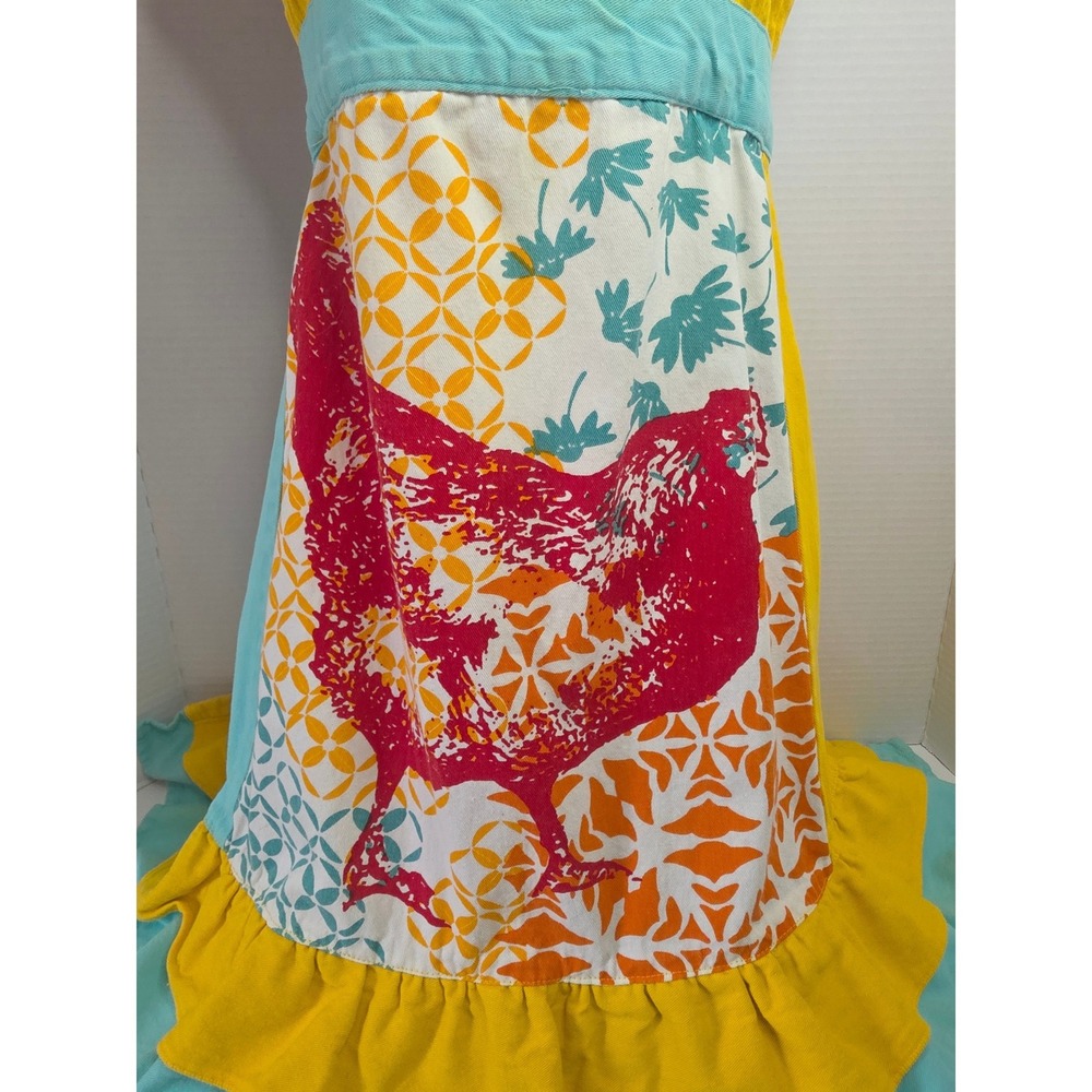 World Market Yellow Farmhouse Hen Apron W/ Ruffle Hem Teal Accents and Pocket - Picture 2 of 6